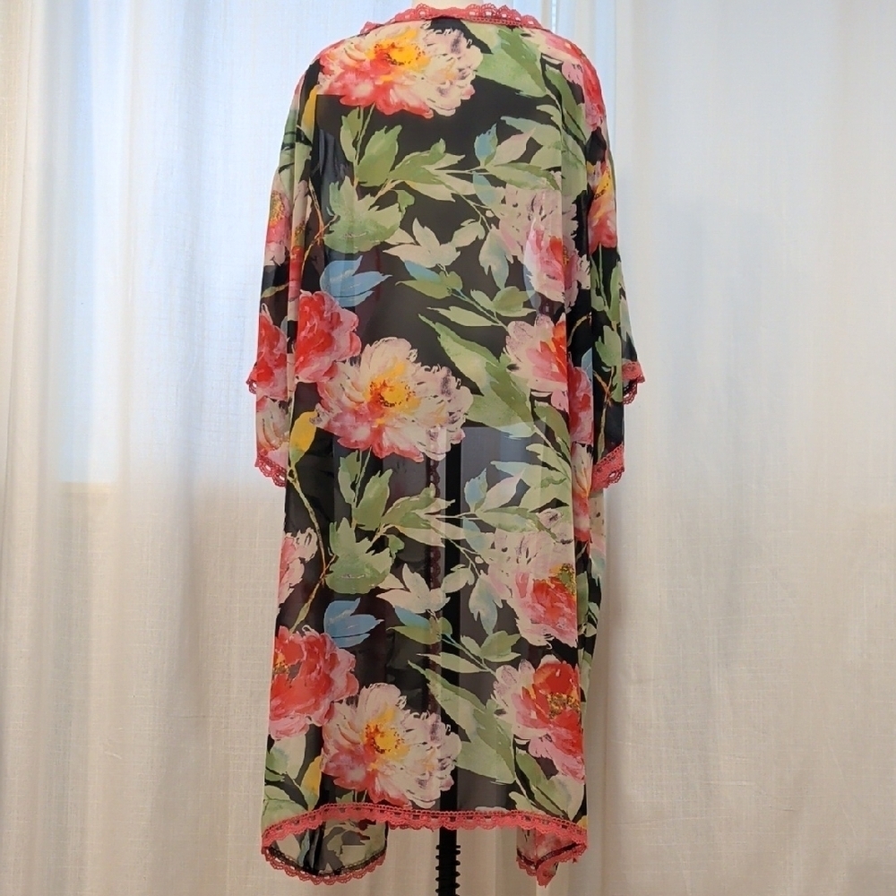 NWOT Sheer Floral Kimono -Pink Lace Trim- Swim Coverup XL - Picture 7 of 7